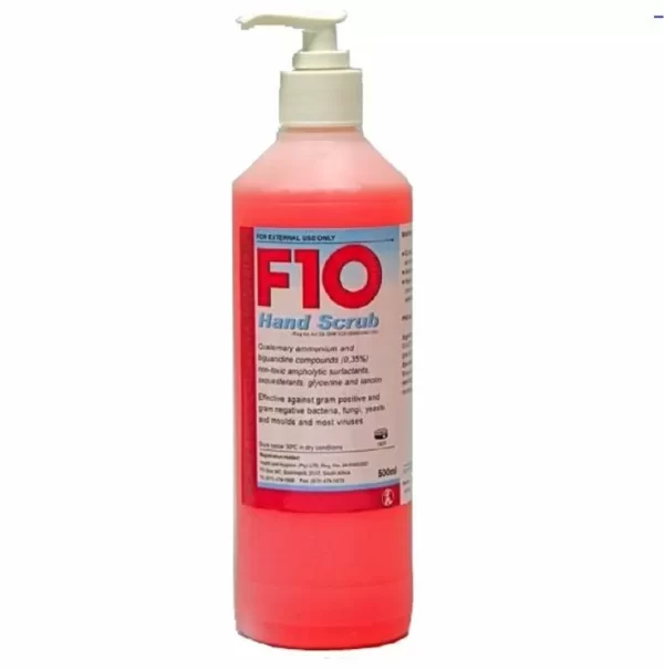 F10 Disinfectant Hand Scrub 500ml - a broad spectrum, high level disinfecting scrub with rapid kill times of bacteria, viruses and fungi